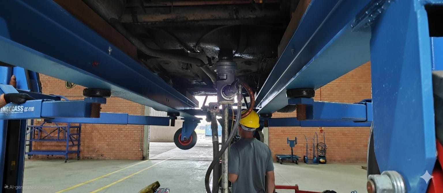 Veículo elevado durante a etapa de descontaminação e remoção de fluidos
